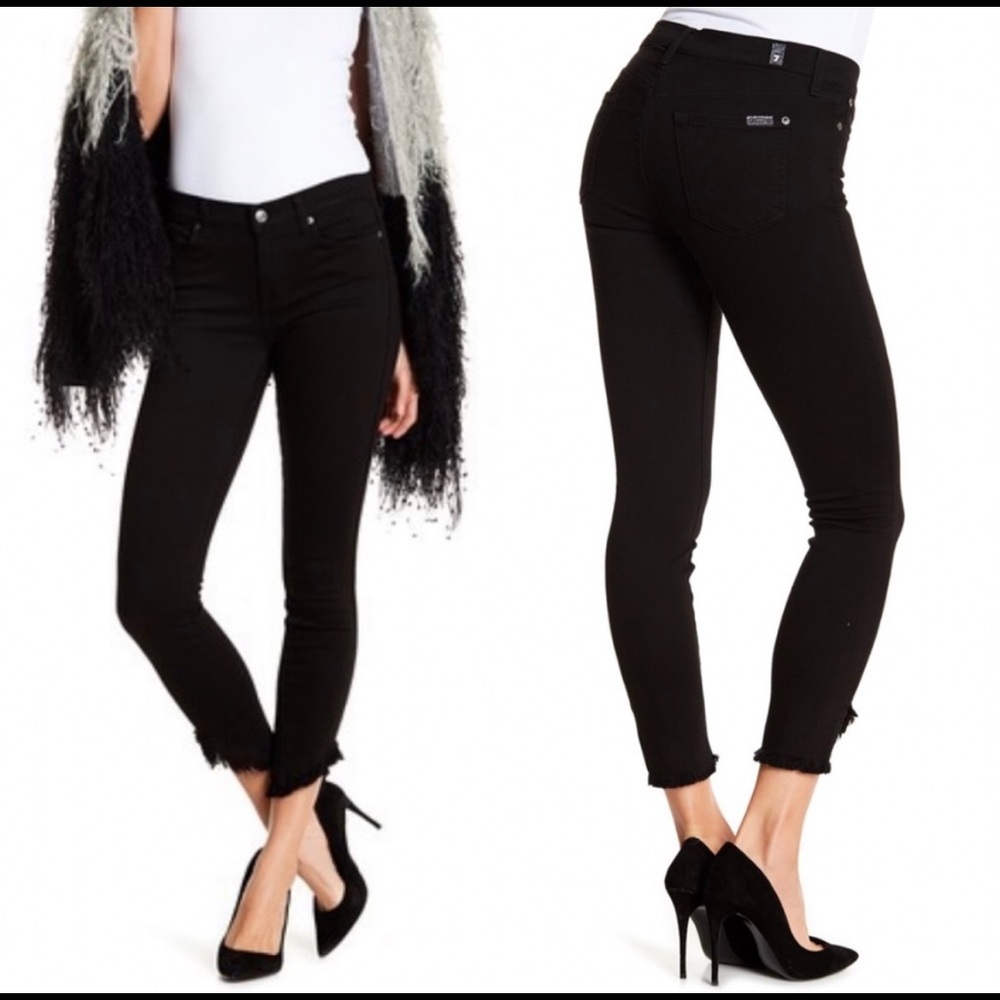 7 FOR ALL MANKIND Black Stretchy Frayed Angle Raw Cuff Hem Jeans